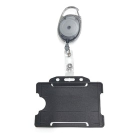 PCL Media ltd Black Retractable Badge Reel with Carabiner Clip and Black ID Card Holders, Open-Faced Rigid ID Badge Holder - Holds One ID Card Ski Pass Holder