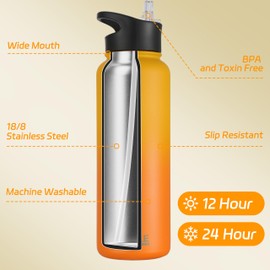 HASLE OUTFITTERS 40oz Stainless Steel Water Bottle, Vacuum Insulated Double Walled Leak Proof Sports Water Bottle with 2 Lids (Straw and Spout Lid) Keep Cold and Hot(Yellow Orange Gradient,1)
