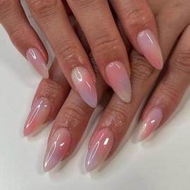 ANDGING Pink Press on Nails Almond Short Medium Ombre Purple Glue on Nails with Glossy Designs Full Cover Acrylic Fake Nails for Women Wedding Manicure False Stick on Nails 24 Pcs