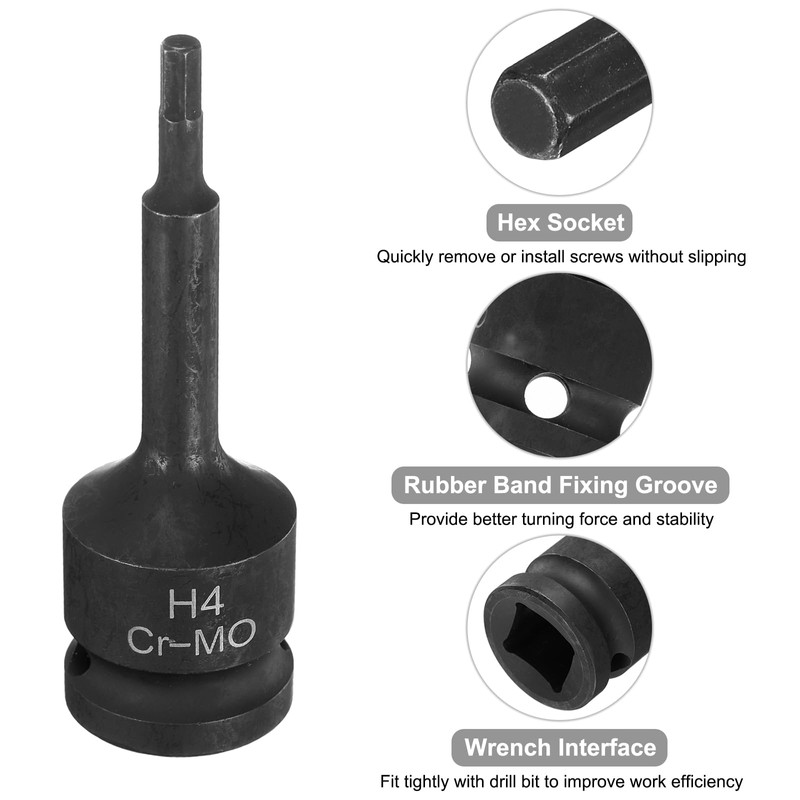 sourcing map 2pcs H4 (4mm) Hex Impact Bit Socket 1/2"