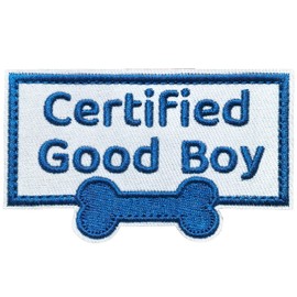 FITZNORA Certified Good Boy Patch with Blue Embroidery Letters, Hook and Loop Cute Tag Dog Patches for Harness, Cap and Backpack (Bone)
