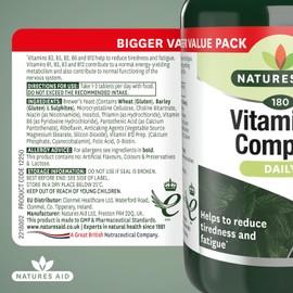 Natures Aid Vitamin B Complex 180 Tablets – High Potency – Supports Energy Metabolism, Nervous System, Brain & Immune Function – Vegan, Gluten Free, Non-GMO – Overall Wellbeing Supplement