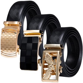 Barry.Wang Ratchet Belt 3 Buckles Gift Set Mens Belts Grain Leather Automatic Buckle 1 3/8" Father's Day Business Wedding
