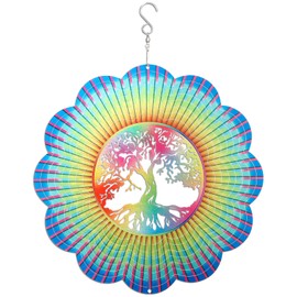 Tree of Life Wind Spinner Hanging, 12in Multicolor Metal Wind Catcher Large Outdoor Patio Yard Ornament, 3D Kinetic Wind Sculptures Outside Garden Decoration, Stainless Steel Spinfinity Art Décor Gift