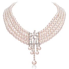 BABEYOND 1920s Gatsby Pearl Necklace Vintage Bridal Pearl Necklace Earrings Jewelry Set Multilayer Imitation Pearl Necklace with Brooch (Style8-Rose Gold)