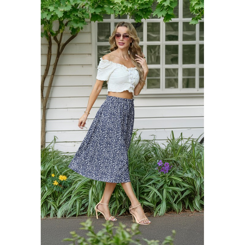 GRECERELLE Women's Summer Midi Long Midi Skirt A-line Flowy with