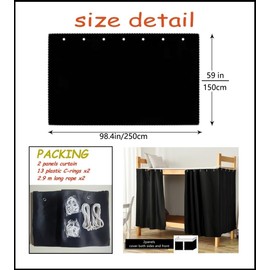 Teanea Full Size Bunk Bed Blackout Curtains Heavy-Duty for Bottom Men Women Teens, Black, 2 Panels, 59in Height