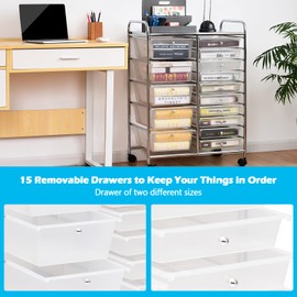 Moccha 15-Tier Drawer Storage Cart, Rolling Storage Cart with 4 Wheels, Drawer Storage Organizer, Suitable for Cosmetics, File, Office Supply, Perfect for Home and Studio (Clear)