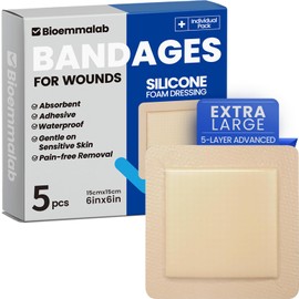 Large Waterproof Bandages 6x6 Silicone Foam Dressing for Sensitive Skin Wound Care, Adhesive Cohesive Pad with Border for First Aid, Post Surgical and Burn, Pressure, Scar Healing (5 PCS)
