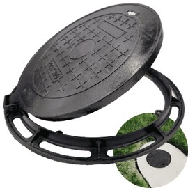 MOSINSBO 20” Cast Iron Manhole Cover and Frame, Black Septic Tank Lid with Base, Round Sewage Basin Cover with Bolted Down Removable Lid, Heavy Duty Flat Cover/Lid for Corrugated Pipe or Riser