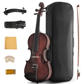 Ceciliec Violin 4/4 Full Size, Solid Wood Fiddle for Beginners Adults, Ebony Fitted Satin Antique Finish Violin Starter Kit with Hard Case