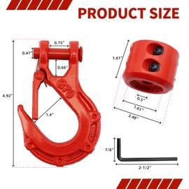 HASHENTA 3/8" Winch Hook with Cable Stopper - Grade 70 Safety Steel Max 37478 LBS Winch Cable Hook Stopper Set for Winch Rope,UTV,ATV,Off-Road (Overall red)