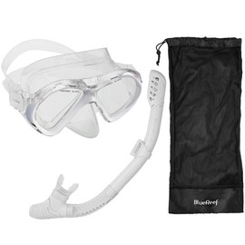 Blue Reef Sentinel Snorkel Mask Set White, Snorkeling Gear for Adults Set Includes Sentinel Mask w/Twin Tempered Glass Lenses for Increased Clarity, Cortes Dry Snorkel and Mesh Bag
