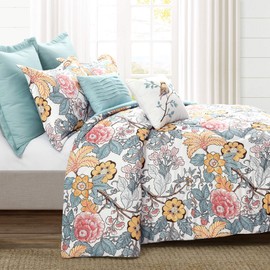 Lush Decor Sydney Comforter Set, 7 Piece, Full/Queen, Blue & Yellow - Fully Styled Bedding Queen Size Comforter Set - Colorful Floral Print - Cottage Core Decor - Coquette Bedding