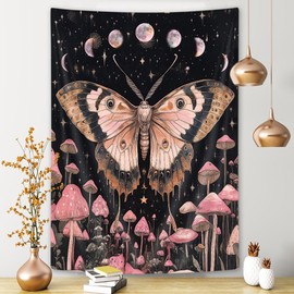 Dongbei Boho Eclectic Tapestry Moth Mushroom Fantasy Wall Hanging with Moon Phase Aesthetic Mystic Dark Nature Wild Plant Small Boho Hippie Mandala Tapestry for Room Decor 30X40 Inches Pink