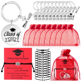 Tondiamo 48 Pcs Class of 2025 Graduation Gifts Include Keychain Compass Bracelets Organza Bags for College Seniors Graduation(Wine Red)