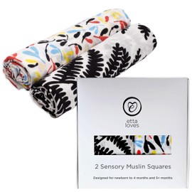 Etta Loves Plant Print Muslin Cloths, Black and White & Sensory Muslins, Baby Essentials for Newborn to 12-Month-Old Babies (2-PACK)