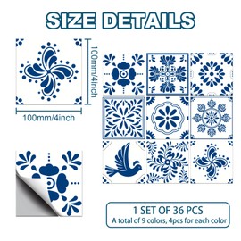 CHGCRAFT 36pcs 9 Styles Mexican Ceramics Blue Tile Stickers Waterproof Tile Stickers Square with Flower Pattern for Kitchen Bathroom Bedroom Wall Floor Decoration, Dodger Blue, 3.9×3.9inch
