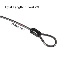 TOP-VIGOR 1Pcs Security Steel Cable, 2.5mm x 1.5m / 4.92ft Coated Safety Wire Rope Double Loop Flexible Security Cable Lock for Outdoor Travel Luggage Bike, Black
