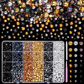 9000 Pcs Pearls and Jelly Resin Rhinestones for Crafting, Mixed Size 3/4/5/6/8mm Black Silver Gold Half Pearl and Jelly Rhinestones, Bedazzling Gems for DIY Crafts Clothing Embellishment Nail Art