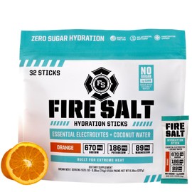 Fire Science Fire Salt Hydration Sticks, Electrolytes & Coconut Water, Hydration Drink Mix with Magnesium, Potassium & Sodium, Zero Sugar, Single Serve On The Go Packs, Vegan, Orange Flavor, 32 Count