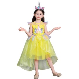 Lito Angels Unicorn Princess Costume with Train, Fancy Birthday Party Dress Up with Hair Hoop, Age 5-6 Years, Yellow