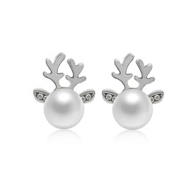 Elk Stud Earrings for Women,Christmas Pearl Elk Stud Earrings Christmas Festive Jewelry for (Silver)