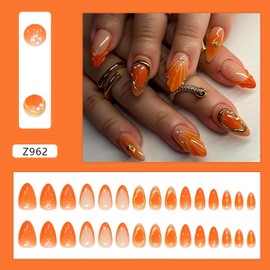 LPOODDNU 3D Stereoscopic Press on Nails Almond Handmade Fake Nails Medium Orange Acrylic French False Nail Tips Cute Autumn Color Glue on Nails Fall Winter Stick on Nails for Women Nail Art DIY