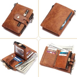 Mens Wallet with Chain Genuine Leather Purse RFID Blocking Bifold Double Zipper Coin Pocket with Multi Card Holder, Brown