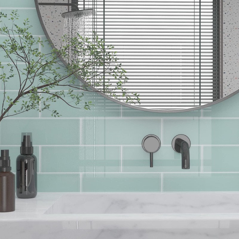 Lovdeco Light Green Glass Subway Tile, Glass for Bathroom Kitchen