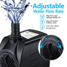 CWKJ Fountain Pump, 160GPH(10W 600L/H) Submersible Water Pump, Durable Outdoor Fountain Water Pump with 4.9ft Tubing (ID x 1/3-Inch), 3 Nozzles for Aquarium, Pond, Fish Tank, Water Fountain Pump
