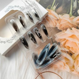 24Pcs Almond Press on Nails Long Stiletto Fake Nails 3D Rhinestones Butterfly Charms Glue on Nails Black Punk Acrylic Nails Glossy Artificial Stick on Nails Reusable Star False Nails for Women