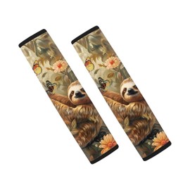 Fipuivrn Sloth Butterfly Pattern 2 Pack Car Seat Belt Cover, Daisy Palm Leaf Anti-Slip Seatbelt Shoulder Protection Comfort Seatbelt Shoulder Pad Release Stress to Neck and Shoulder