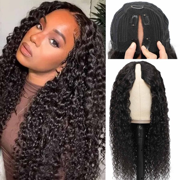 20 Inch Water Wave V Part Wig Human Hair No