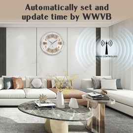 Aurowit Atomic Analog Wall Clock 14 Inch Battery Operated Wall Clocks Radio Controlled Clock Sets Automatically Gold Large Wall Clock Decor Kitchen Living Room Bedroom