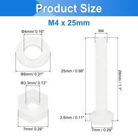 sourcing map 300 Pcs/100 Sets Nylon Hex Bolts, M4 x 25mm Plastic Full Threaded Hex Head Screws Bolts and Nuts with Flat Washers for Machinery Electronics Industrial Accessories, White