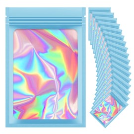 100 Pieces Resealable Mylar Bags, Small Holographic Packaging Bags, Smell Proof Mylar Bags for Food Storage/Jewelry/Eyelash for Small Business (Blue, 3.5x4.7 Inch)