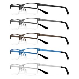 MEETSUN 5Pack Reading Glasses for Men Blue Light Blocking Readers Glasses Spring Hinge Metal Half Frame Anti Glare Filter (5Pcs-Black+Brown+Blue+Gun+Silver-275)