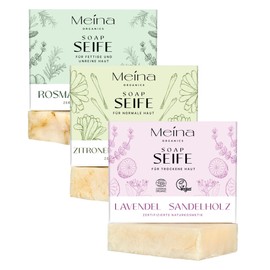 Meina Naturkosmetik - Organic Soap Set, Natural Soaps with Lemongrass, Tea Tree, Rosemary, Lavender and Sandalwood, Certified Organic, Vegan, Sustainable, Handmade, 3 x 100 g