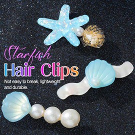 HEREAD Sea shell Hair Clips Starfish Blue Hair Barrettes Pearl Gold Hair Accessories for Women and Girls (Pack of 3) (Blue)