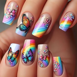 Butterfly Press on Nails Spring Stick on Nails Rainbow Glue on Nails Medium Coffin Glossy Shiny Fake Nails Cute False Nails Colorful Acrylic Nails Reusable Artificial Nails Kit for Women Girls 24Pcs