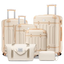 LARVENDER Luggage Sets 6 Piece, Expandable Luggage Hardshell Carry on Suitcase Sets with Spinner Wheels TSA Locks, Vintage Travel Luggage Set for Women, Cloud Cream