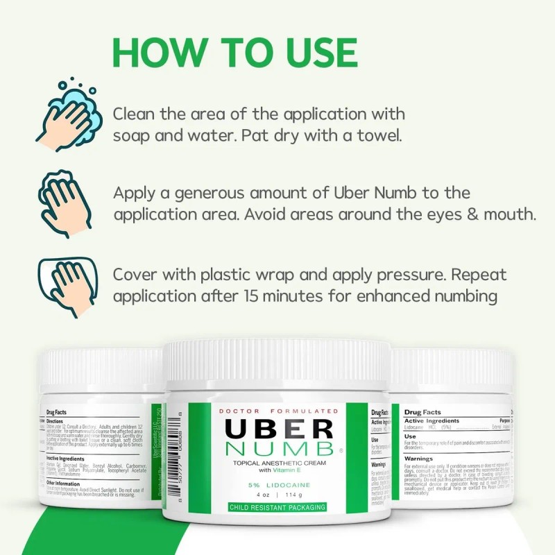 Uber Numb 5% Lidocaína Tópica, Crema Anestésica 4oz