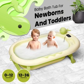 TINY TOTZ Collapsible Baby Bathtub with Thermometer - Infant Bathtub with Drainage Hole - Baby Bathtub Newborn to Toddler 0-36 Months - Portable - Green