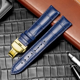 MUENShop Watch Strap with Folding Clasp Leather Quick Release Genuine Leather Strap for 18 mm - 24 mm Black Brown Blue Green Calfskin Replacement for Men / Women, Blue gold, Classic