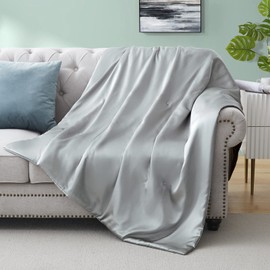 Silk Throw Blanket - Silver Grey Cooling Packable Satin Blanket for Couch, Bed, Camping, Outdoor, Travel, Car - Super Soft Lightweight Cozy Blanket(90'' x 90'', Light Gray)