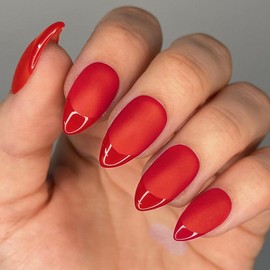 KQueenest Light Red French Tip Press on Nails Short Almond in a Matte Finish, Bright Fake Nails Press ons Short Stiletto, Velvet Soft Gel Glue on Nails for Women Fall Winter, 32 Pcs 16 Sizes