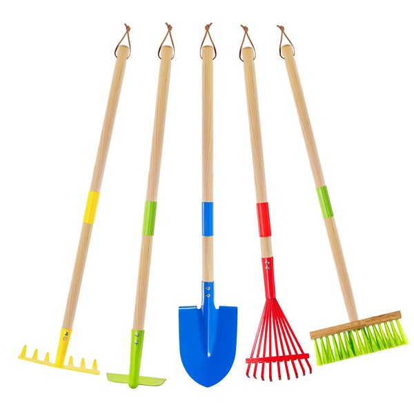 Theefun Kids Garden Tool Set: Toddler Size Hoe, Rake, Shovel, Leaf Rake, Broom - 5-Piece Kids Gardening Tools with Wooden Handle and Metal Head for Child Best Outdoor Toys Gift for Boys and Girls