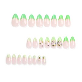 Vezocim Press on Almond Nails-24Pcs Glossy Full Cover Acrylic Green French Tips Fake Nails with Rhinestone Designs Artificial Medium False Nails Fake Nails Glue Stick on Fingernails for Women Girls