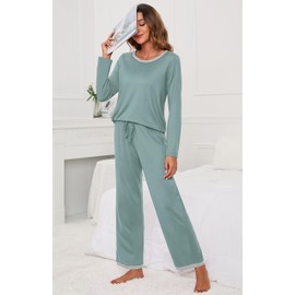 PrinStory Womens Pjs Long Sleeve Casual Loungewear Set Comfy Top And Full Lenght Pants Sleepwear Nightwear Pajamas Set Soft Homewear (Haze Blue, L)